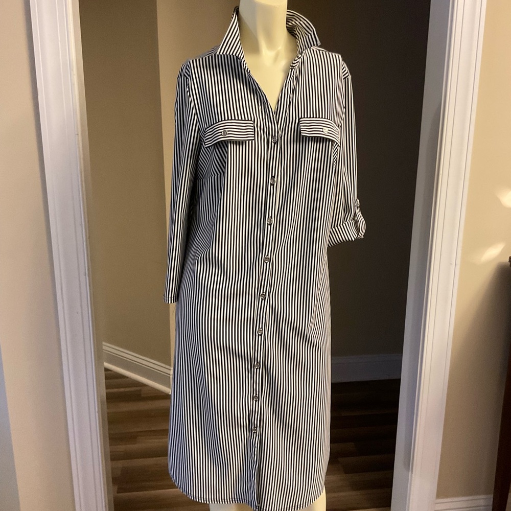 Mlle Gabrielle Black and White Striped Long Sleeve Dress